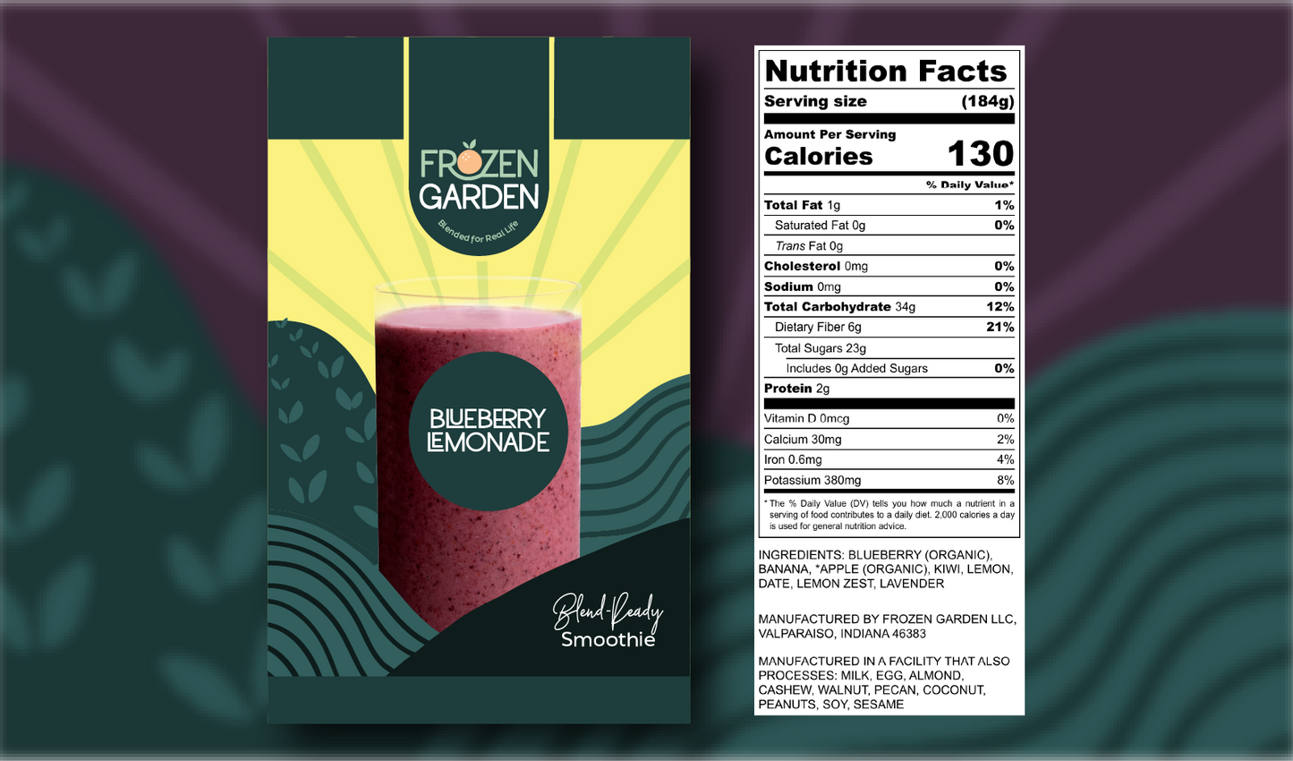 Blueberry Lemonade smoothie front pouch and detailed nutrition facts label side by side - Frozen Garden blueberry smoothie.