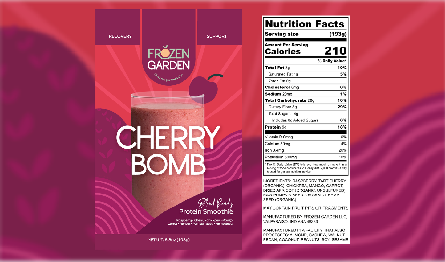 Cherry Bomb smoothie front pouch and detailed nutrition facts label side by side - Frozen Garden fruit smoothie.