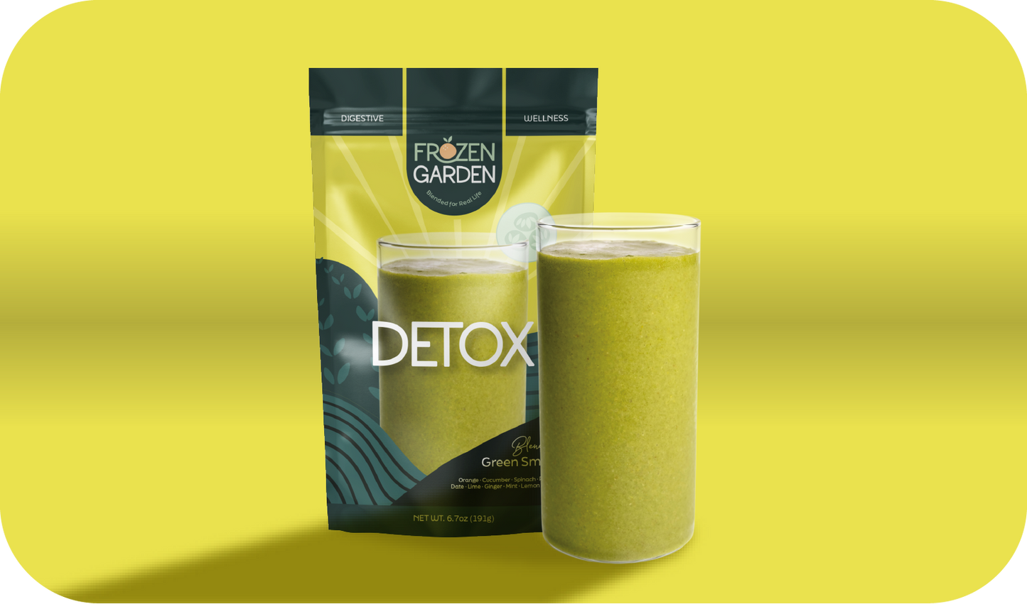 Detox smoothie pouch beside blended glass - Frozen Garden ready to blend smoothie with cucumber and spinach.