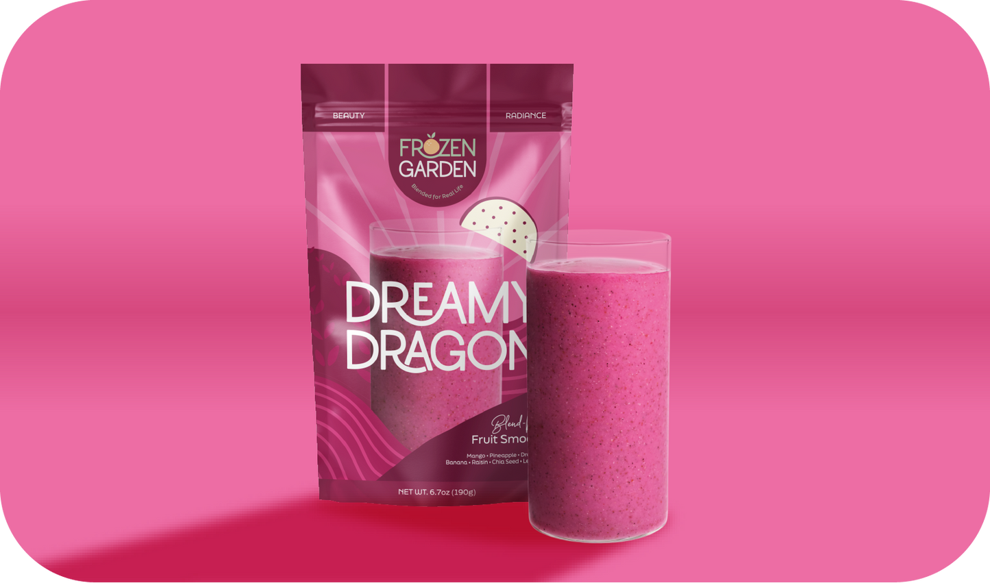 Dreamy Dragon smoothie pouch beside blended glass - Frozen Garden ready to blend smoothie with dragon fruit and mango.