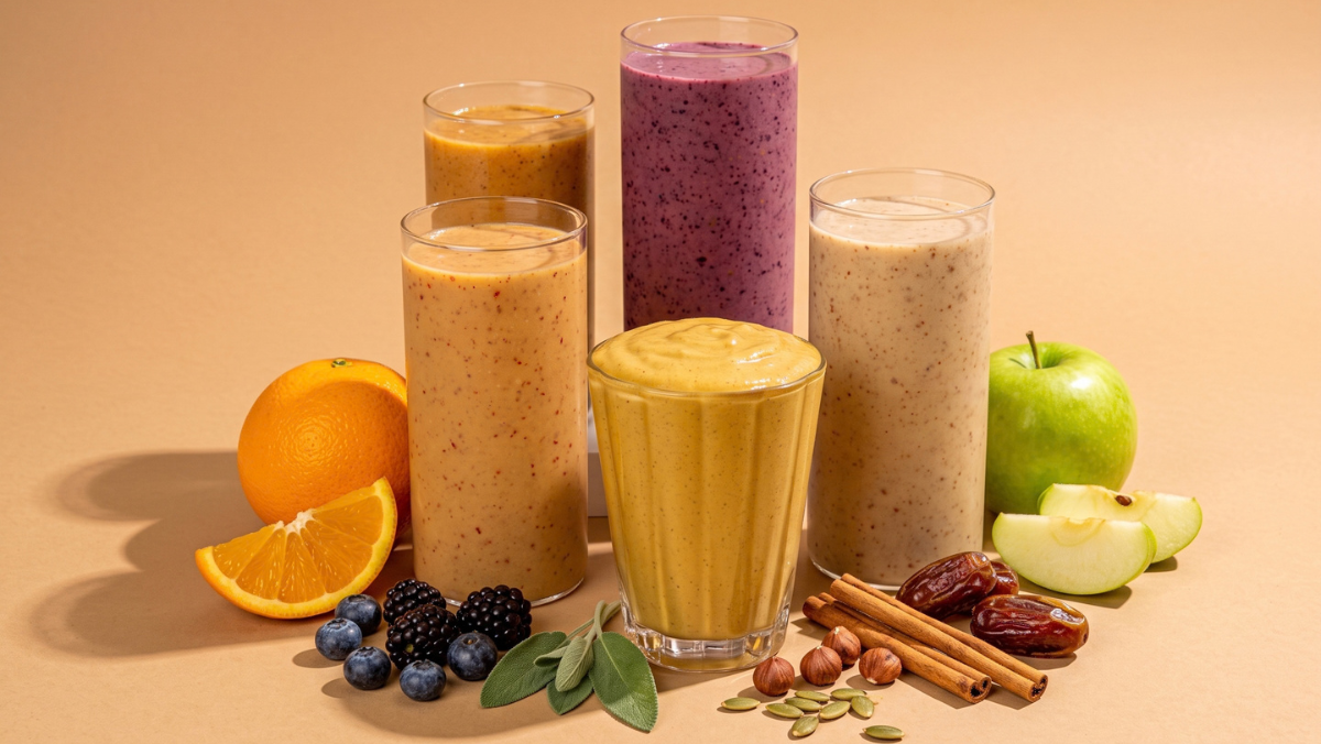 Four tall glasses of colorful fall smoothies arranged on a warm beige background, surrounded by fresh ingredients including an orange, green apple, blueberries, blackberries, dates, cinnamon sticks, and pumpkin seeds.