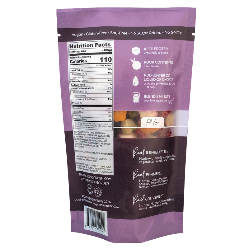 Back of Berrikini keto berry smoothie pouch showing nutrition facts, ingredients and blending instructions - Frozen Garden.
