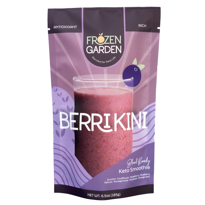 Berrikini keto berry smoothie pouch with blueberry, raspberry and pomegranate - Frozen Garden ready to blend keto smoothie.