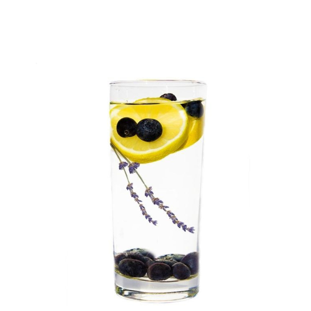 Blueberry-Lemon-Lavender Fusion Beverage Infuser ingredients floating in water in a slim clear glass