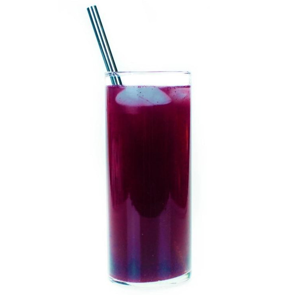 Blueberry-Lemon-Lavender Fusion Beverage Infuser prepared in a slim clear glass with ice and a straw