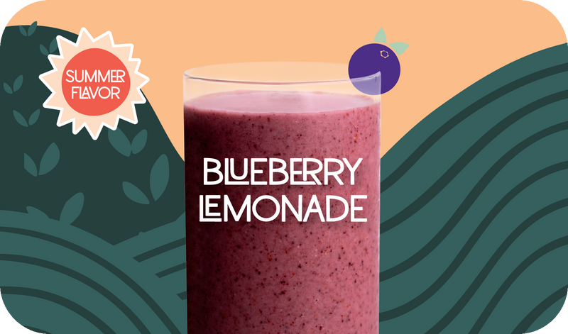 Blended Blueberry Lemonade smoothie in glass, deep purple color with blueberry design - Frozen Garden healthy fruit smoothie.