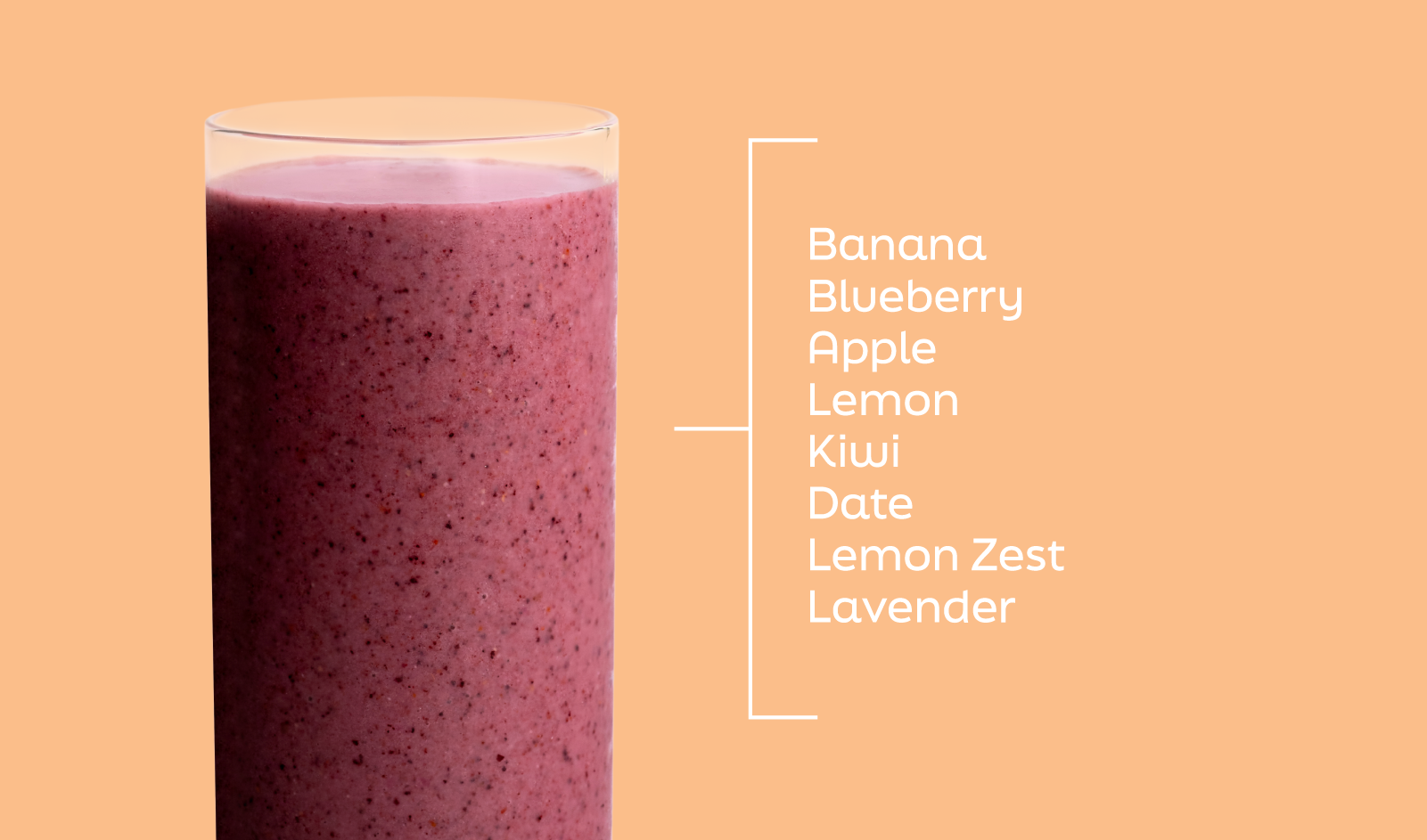 Blueberry Lemonade smoothie ingredients labeled in layers: blueberry, banana, apple, kiwi, lemon, date, lemon zest, lavender - Frozen Garden.