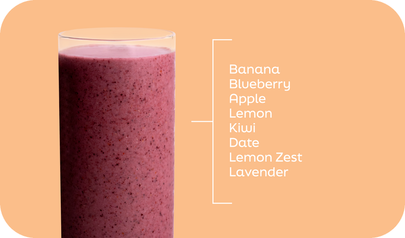 Blueberry Lemonade smoothie ingredients labeled in layers: blueberry, banana, apple, kiwi, lemon, date, lemon zest, lavender - Frozen Garden.