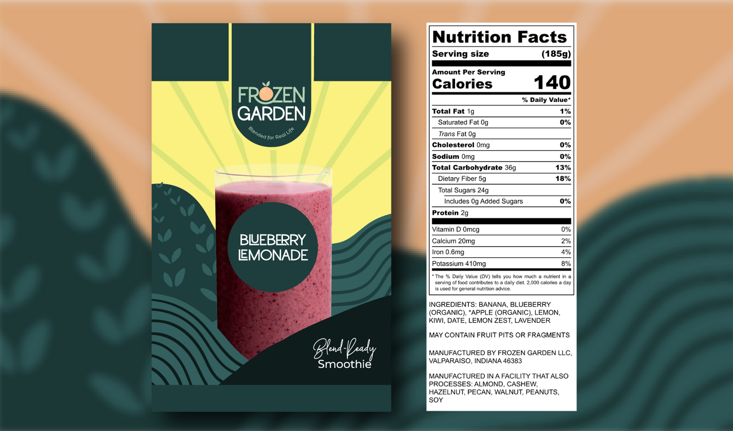 Blueberry Lemonade smoothie front pouch and detailed nutrition facts label side by side - Frozen Garden blueberry smoothie.