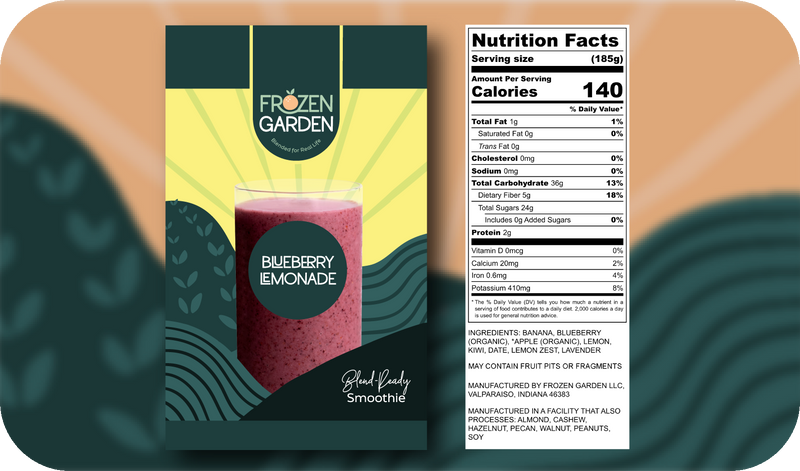 Blueberry Lemonade smoothie front pouch and detailed nutrition facts label side by side - Frozen Garden blueberry smoothie.