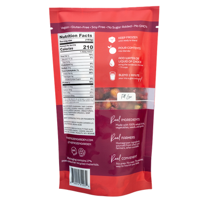 Back of Cherry Bomb smoothie pouch showing nutrition facts, ingredients and blending instructions - Frozen Garden.