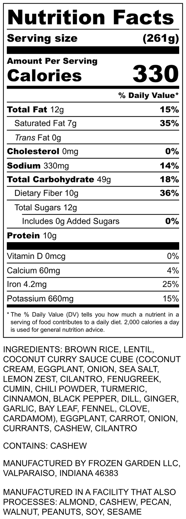 Nutrition Facts for Coconut Curry