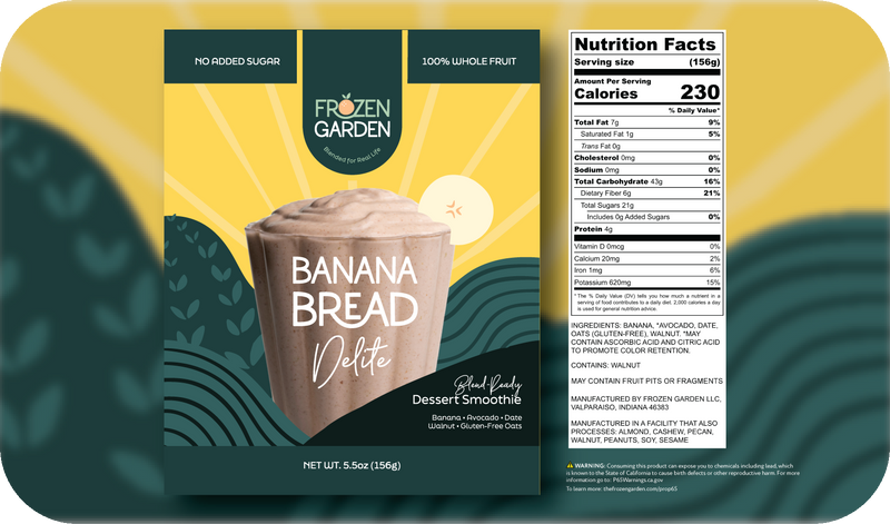 Banana Bread Delite front pouch and detailed nutrition facts label side by side - Frozen Garden banana dessert.