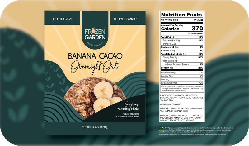 Banana Cacao Overnight Oats front pouch and detailed nutrition facts label side by side - Frozen Garden chocolate oats.