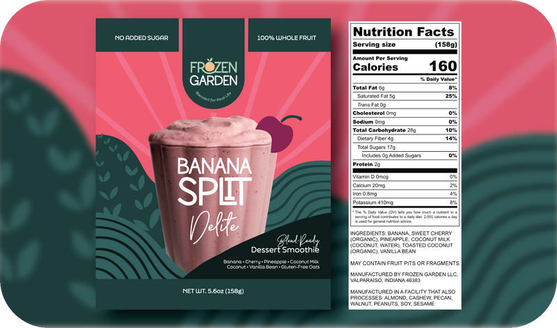 Banana Split Delite front pouch and detailed nutrition facts label side by side - Frozen Garden banana dessert.