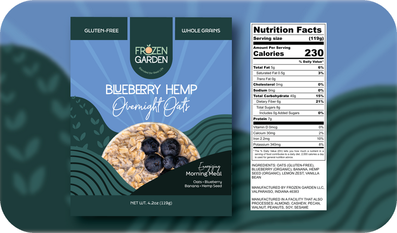 Blueberry Hemp Overnight Oats front pouch and detailed nutrition facts label side by side - Frozen Garden blueberry oats.