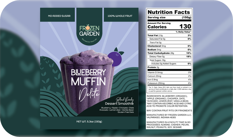 Blueberry Muffin Delite front pouch and detailed nutrition facts label side by side - Frozen Garden blueberry dessert.