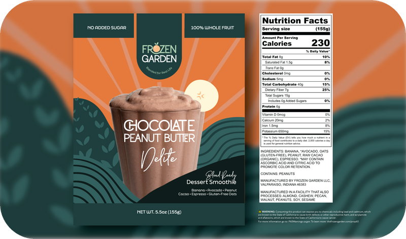 Chocolate Peanut Butter Delite front pouch and detailed nutrition facts label side by side - Frozen Garden chocolate dessert.