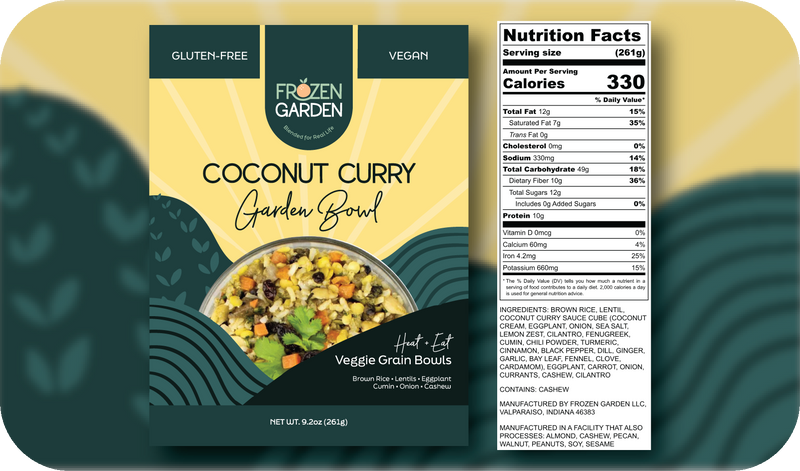 Coconut Curry Garden Bowl front pouch and detailed nutrition facts label side by side - Frozen Garden curry bowl.