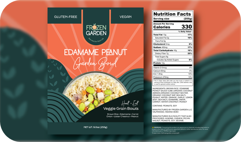 Edamame Peanut Garden Bowl front pouch and detailed nutrition facts label side by side - Frozen Garden savory bowl.