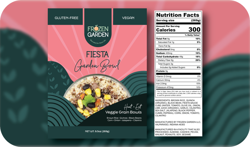 Fiesta Garden Bowl front pouch and detailed nutrition facts label side by side - Frozen Garden Mexican-inspired bowl.