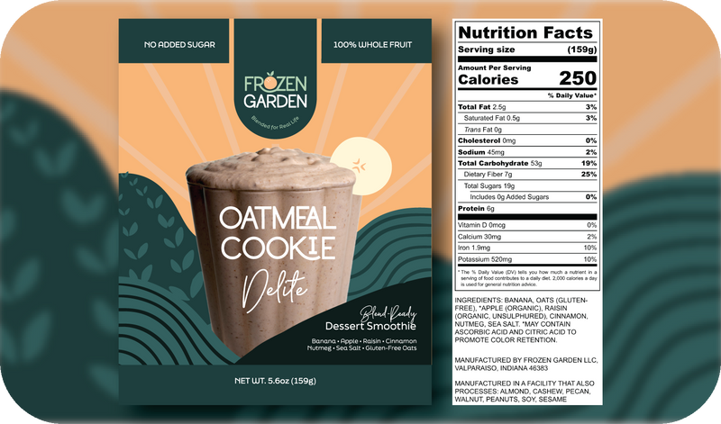 Oatmeal Cookie Delite front pouch and detailed nutrition facts label side by side - Frozen Garden oat dessert.