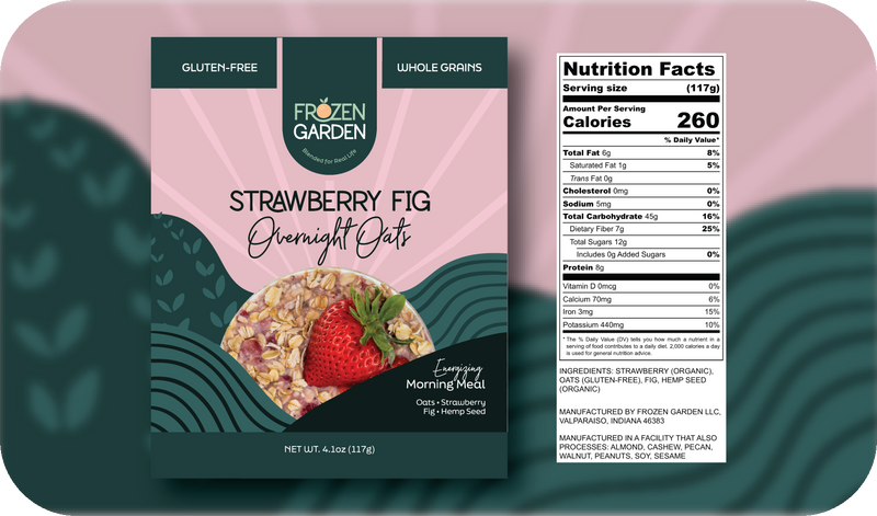 Strawberry Fig Overnight Oats front pouch and detailed nutrition facts label side by side - Frozen Garden breakfast oats.