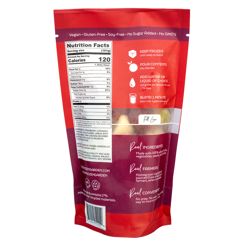 Back of Frosé smoothie pouch showing nutrition facts, ingredients and blending instructions - Frozen Garden.