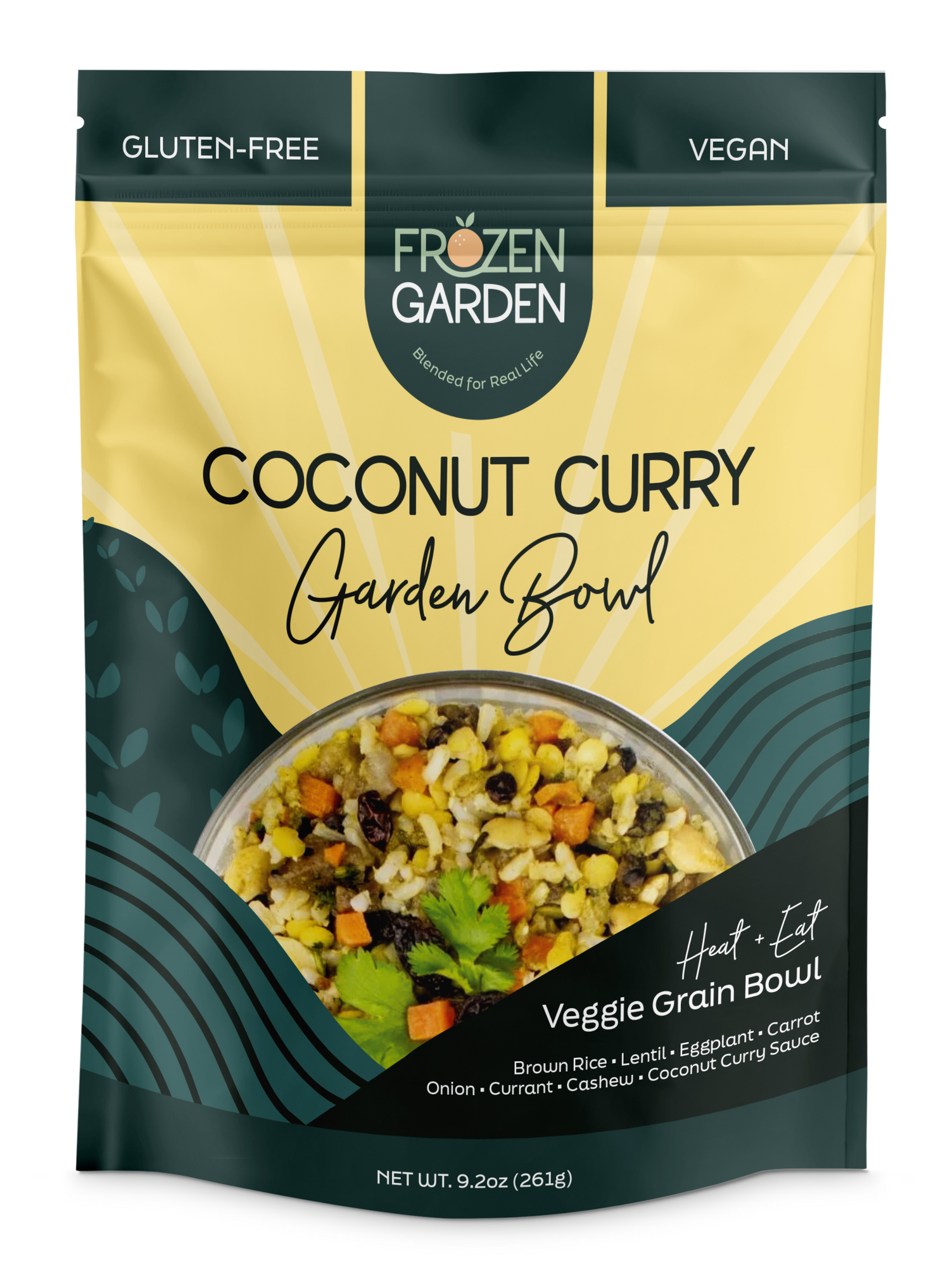 Coconut Curry Garden Bowl pouch on white background with brown rice, carrots and eggplant - Frozen Garden plant-based meal.