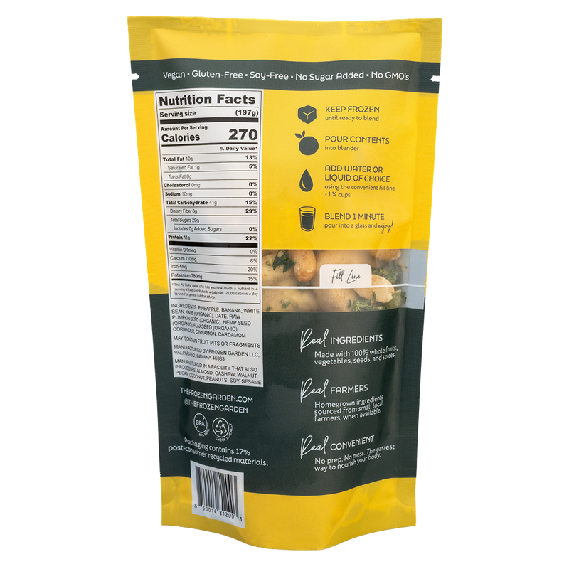 Back of Green Protein smoothie pouch showing nutrition facts, ingredients and blending instructions - Frozen Garden.