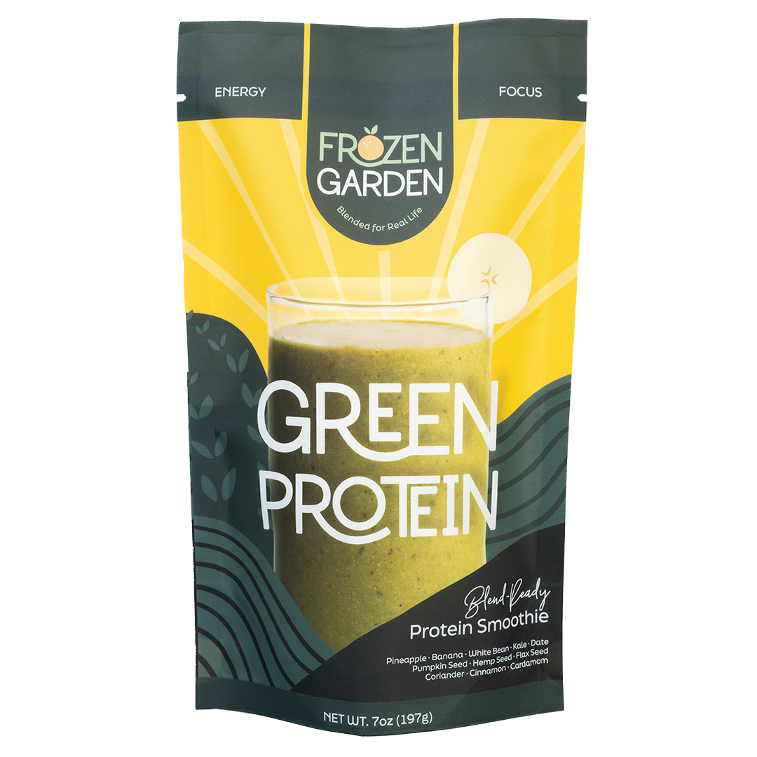 Green Protein smoothie pouch with pineapple, banana and pumpkin seed - Frozen Garden ready to blend protein smoothie.