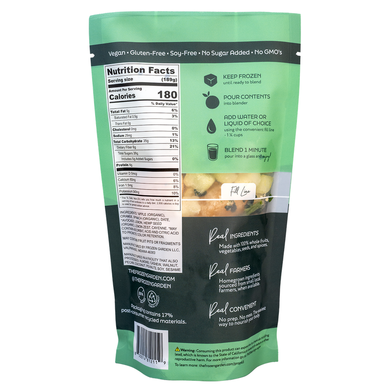 Back of Immunity smoothie pouch showing nutrition facts, ingredients and blending instructions - Frozen Garden.