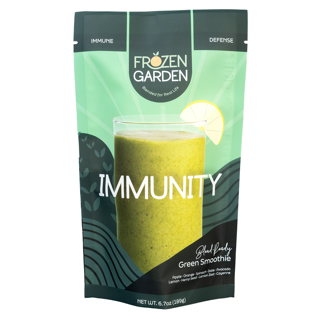 Immunity smoothie pouch with orange, spinach and apple - Frozen Garden ready to blend immune support smoothie.