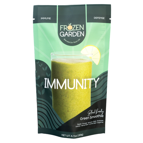 Immunity smoothie pouch with orange, spinach and apple - Frozen Garden ready to blend immune support smoothie.