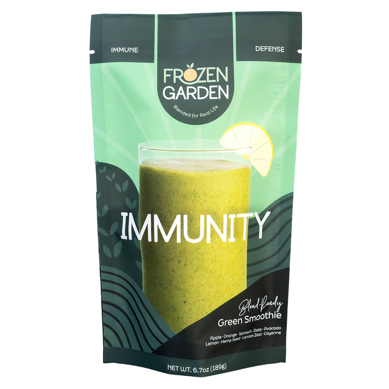 Immunity smoothie pouch with orange, spinach and apple - Frozen Garden ready to blend immune support smoothie.