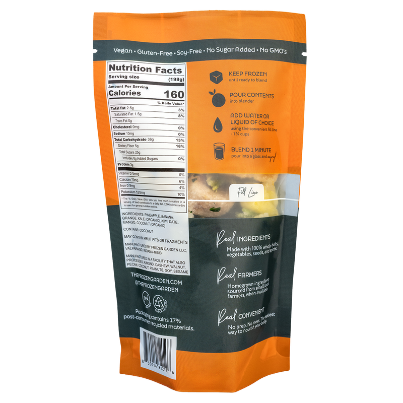 Back of Jungle Breeze smoothie pouch showing nutrition facts, ingredients and blending instructions - Frozen Garden.