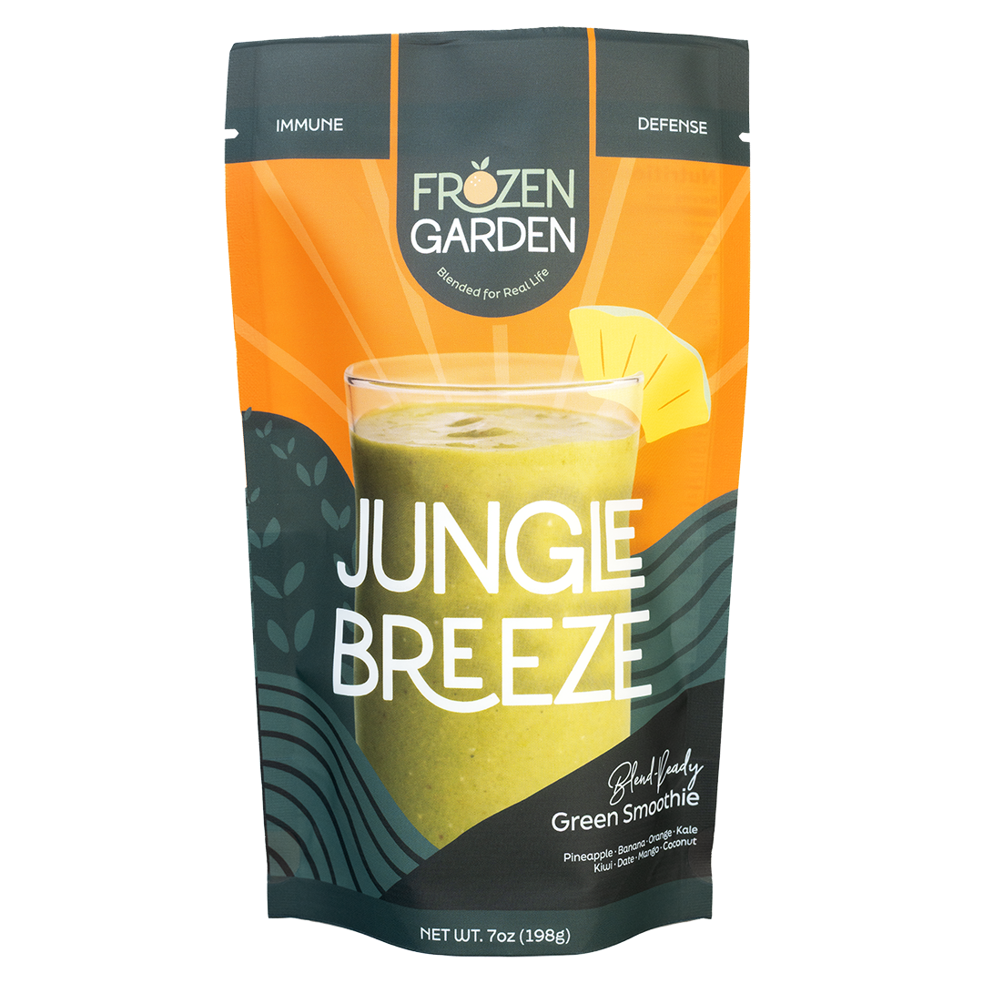 Jungle Breeze smoothie pouch with pineapple, banana, kale and coconut - Frozen Garden ready to blend tropical smoothie.