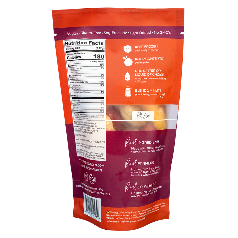 Back of Just Peachy smoothie pouch showing nutrition facts, ingredients and blending instructions - Frozen Garden.
