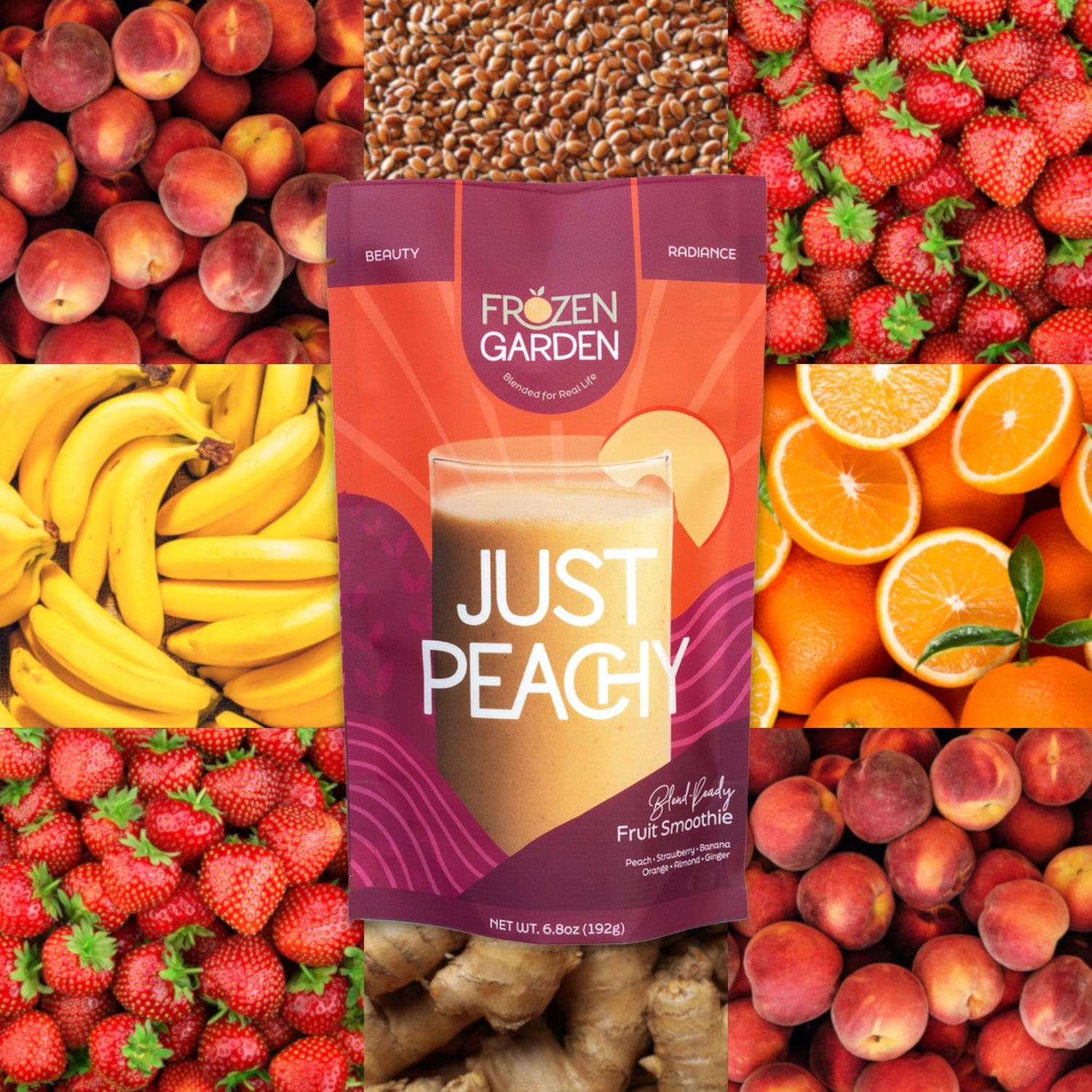 Frozen Garden 'Just Peachy' fruit smoothie package surrounded by fruits.