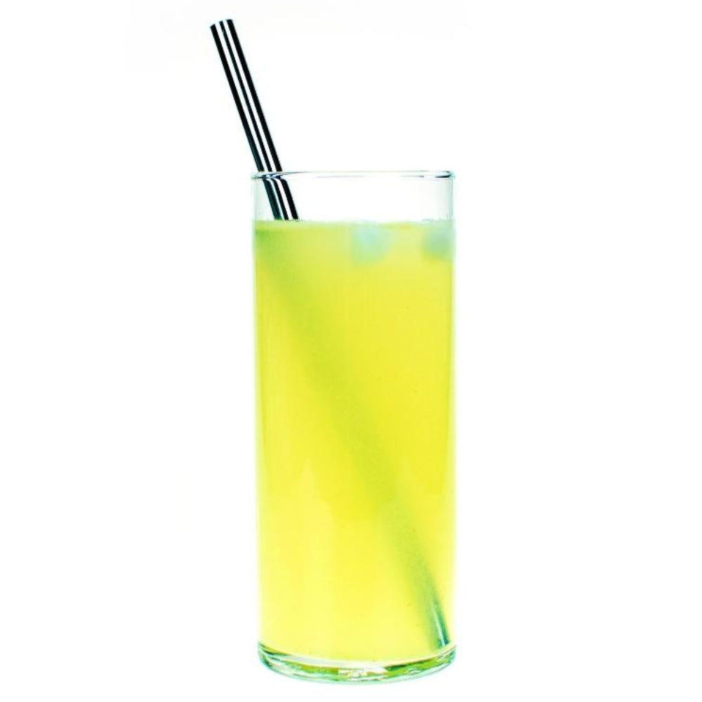 Lemon-Pineapple-Ginger Fusion infused water in a clear glass with silver straw