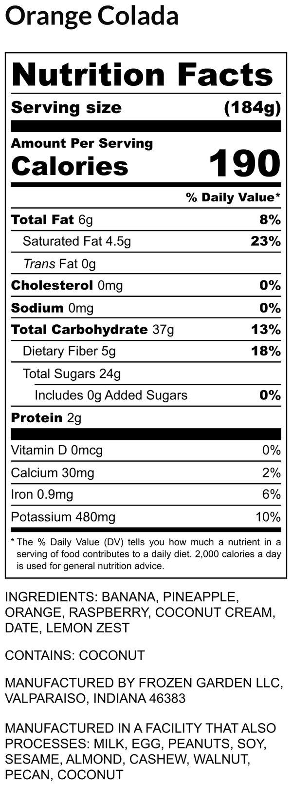 Nutrition Facts for Orange Colada