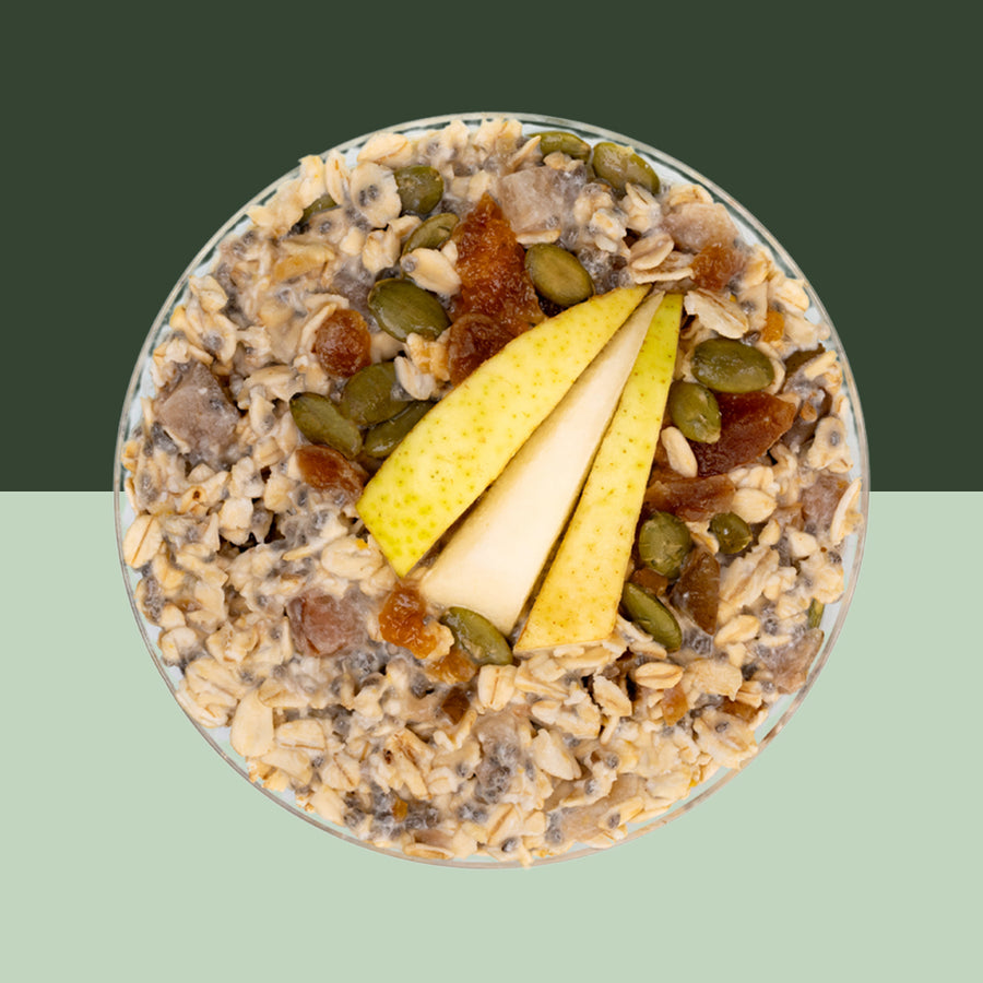 Frozen Garden Pear Apricot overnight oats in a jar with toppings