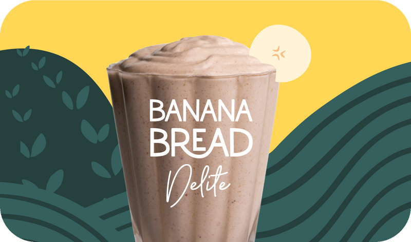 Banana Bread Delite served in glass, creamy beige color with banana design - Frozen Garden healthy frozen dessert.