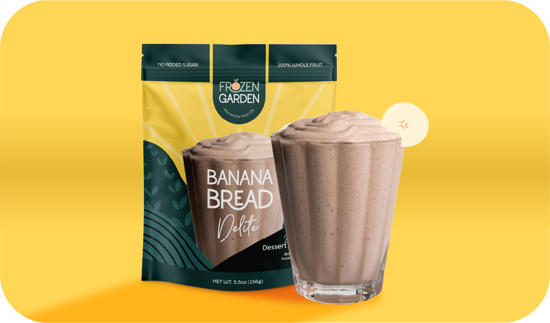 Banana Bread Delite pouch beside dessert glass - Frozen Garden frozen banana dessert with oats and walnuts.