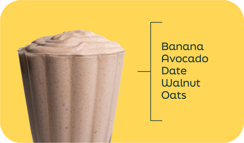 Banana Bread Delite ingredients labeled in layers: banana, oats, walnuts, avocado and dates - Frozen Garden.