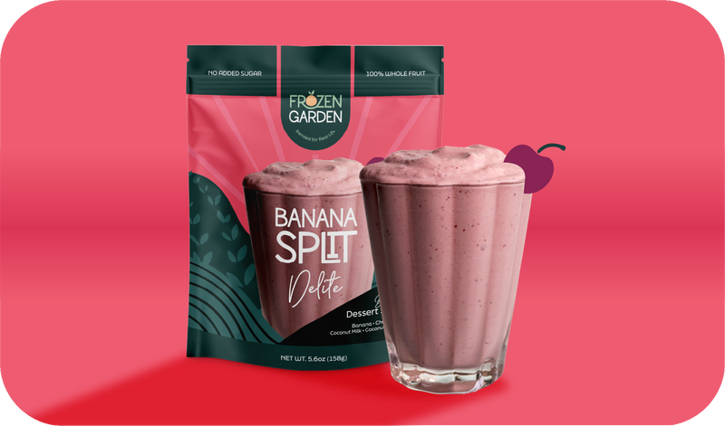 Banana Split Delite pouch beside dessert glass - Frozen Garden frozen banana and cherry dessert with coconut.