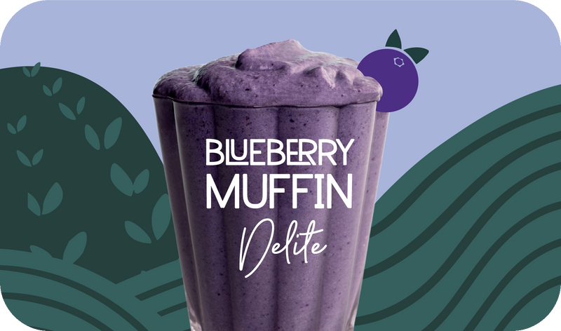 Blueberry Muffin Delite served in glass, creamy purple color with blueberry design - Frozen Garden healthy frozen dessert.