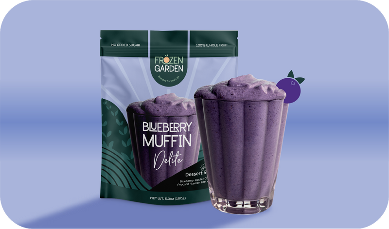 Blueberry Muffin Delite pouch beside dessert glass - Frozen Garden frozen blueberry muffin smoothie with chickpeas and apple.
