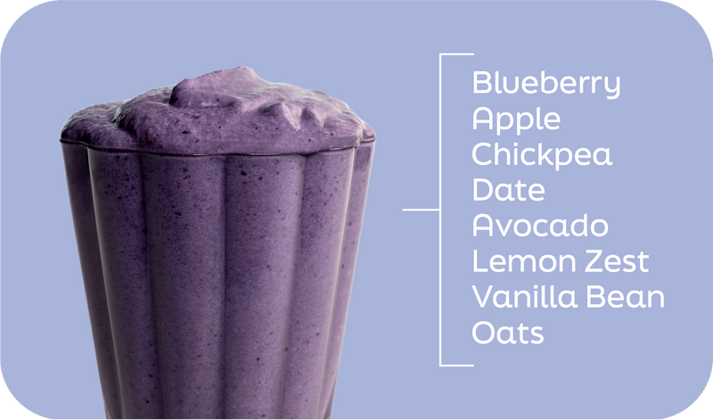 Blueberry Muffin Delite ingredients labeled in layers: blueberries, apple, chickpeas, avocado, dates and vanilla - Frozen Garden.