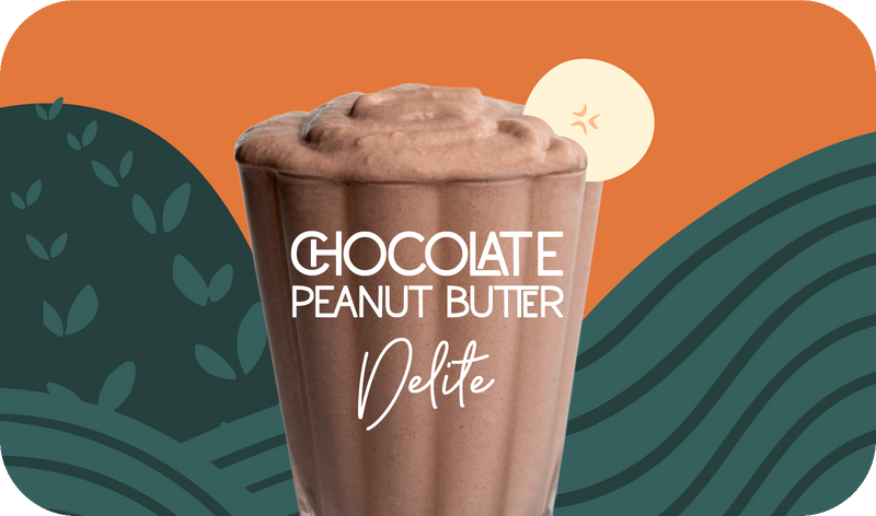 Chocolate Peanut Butter Delite served in glass, rich brown color with banana design - Frozen Garden healthy frozen dessert.